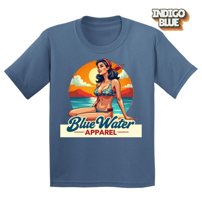 Flat lay Indigo Blue Vintage Pin-Up tee by Blue Water Apparel