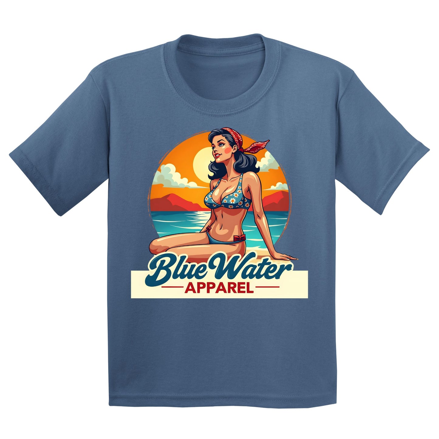 flat lay indigo blue vintage pin up kids tee by blue water apparel