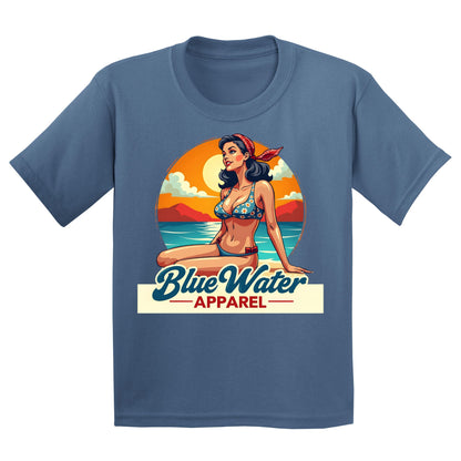 flat lay indigo blue vintage pin up kids tee by blue water apparel