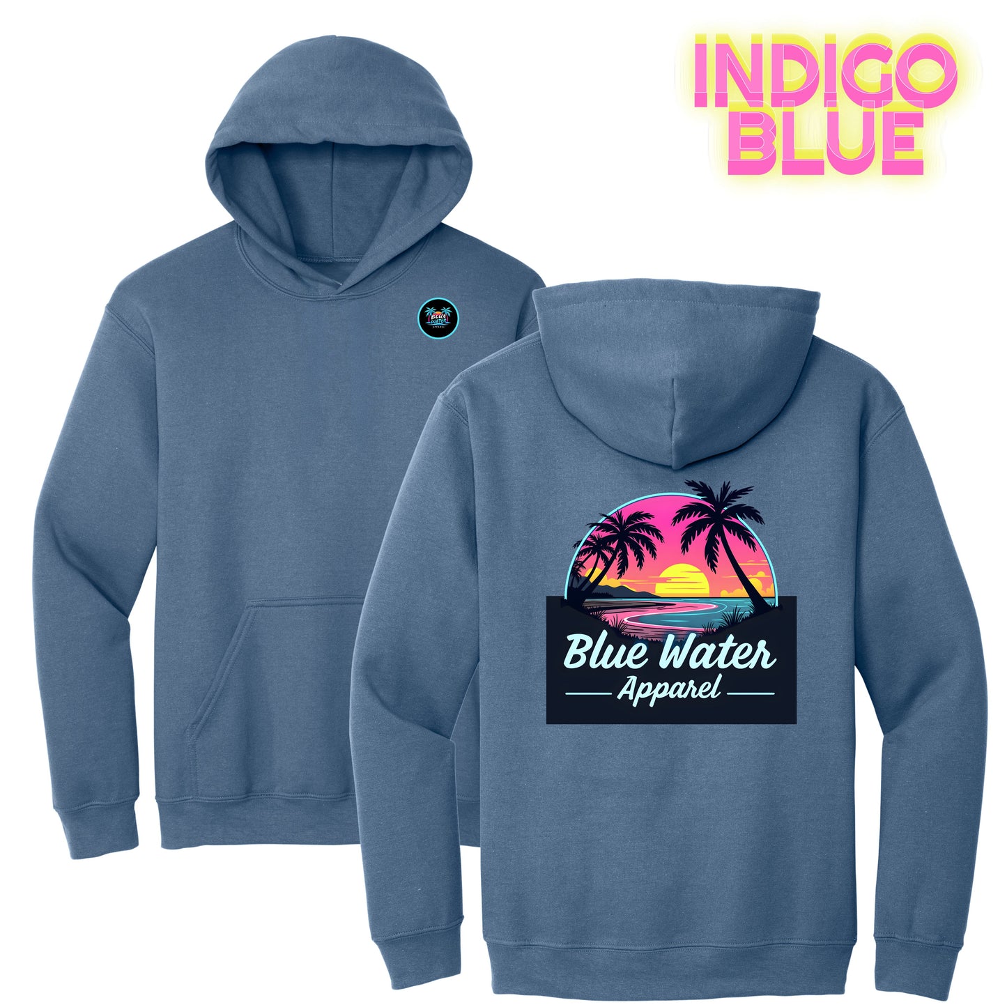 flat lay indigo blue neon sunset hoodie by blue water apparel