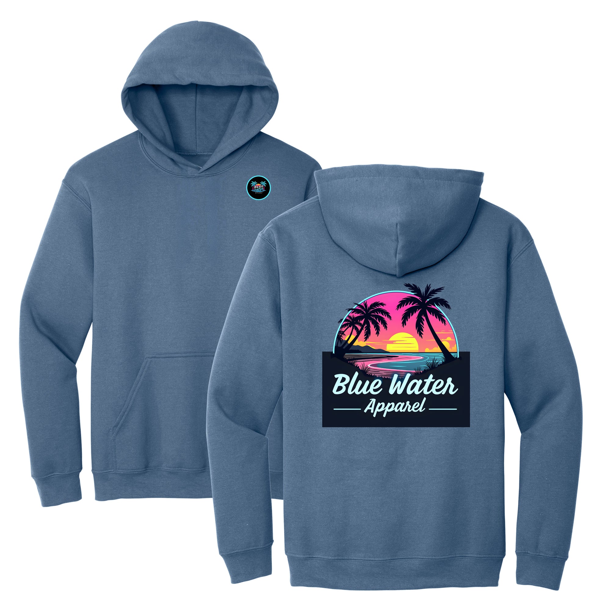 flat lay indigo blue neon sunset hoodie by blue water apparel