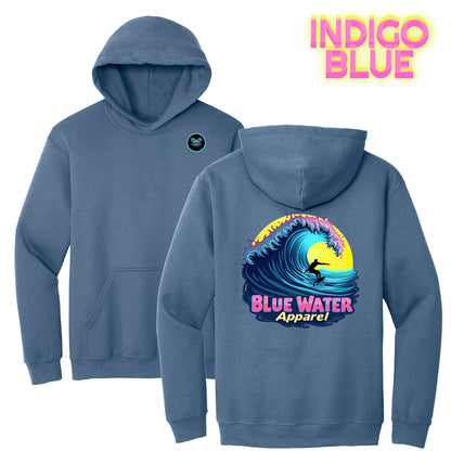 flat lay indigo blue neon surfer hoodie by blue water apparel