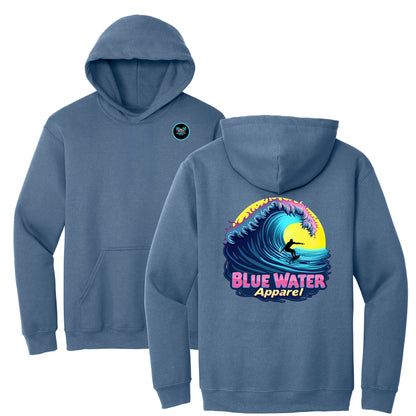 flat lay indigo blue neon surfer hoodie by blue water apparel