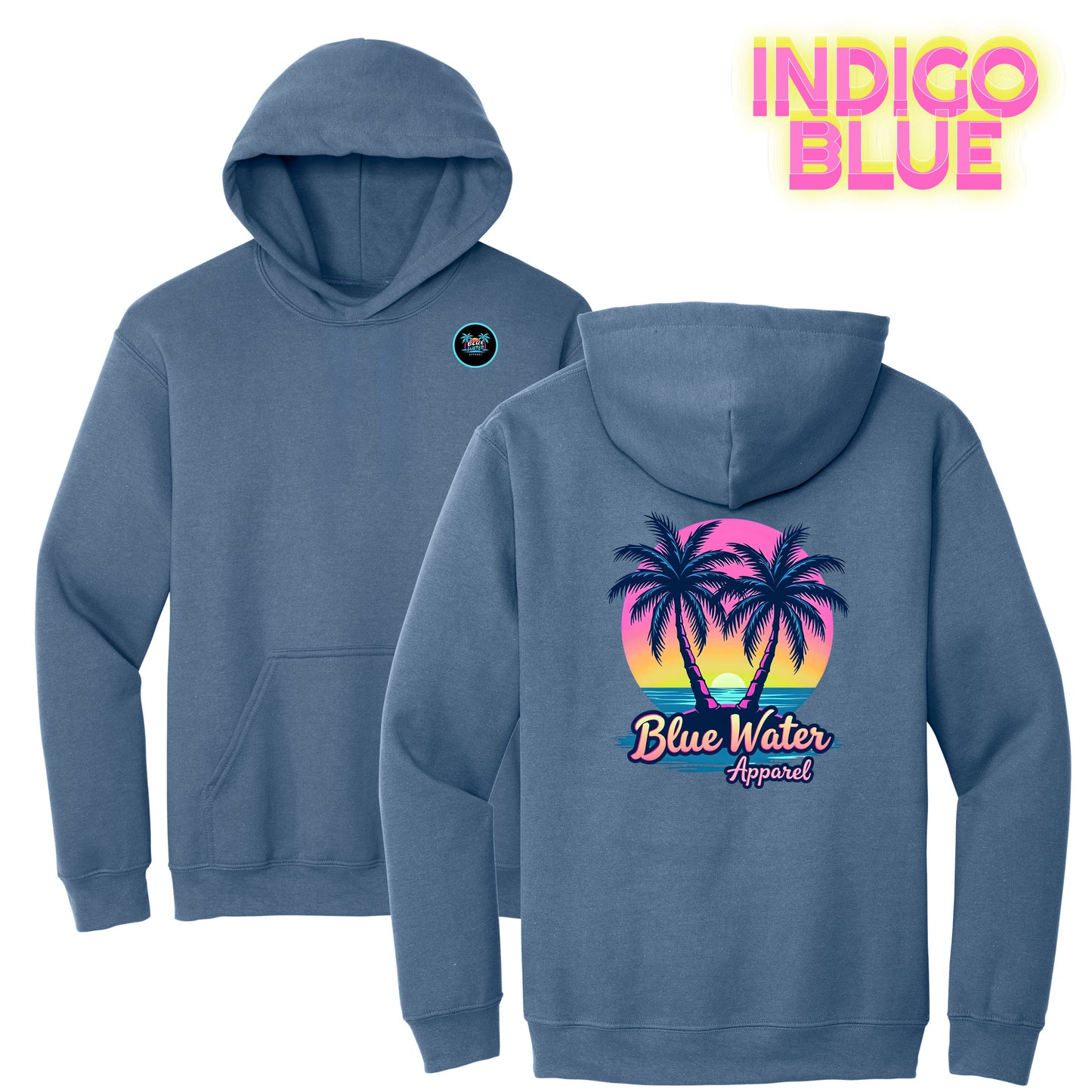 flat lay indigo blue neon tropics hoodie by blue water apparel