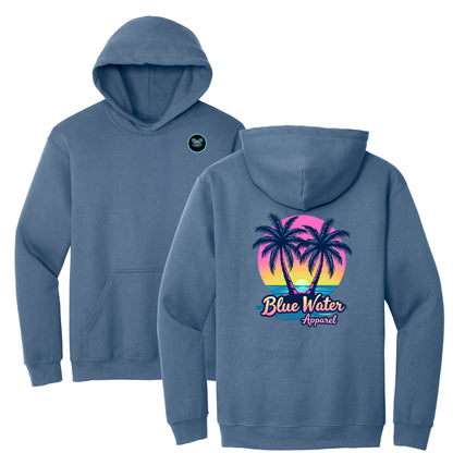 flat lay indigo blue neon tropics hoodie by blue water apparel