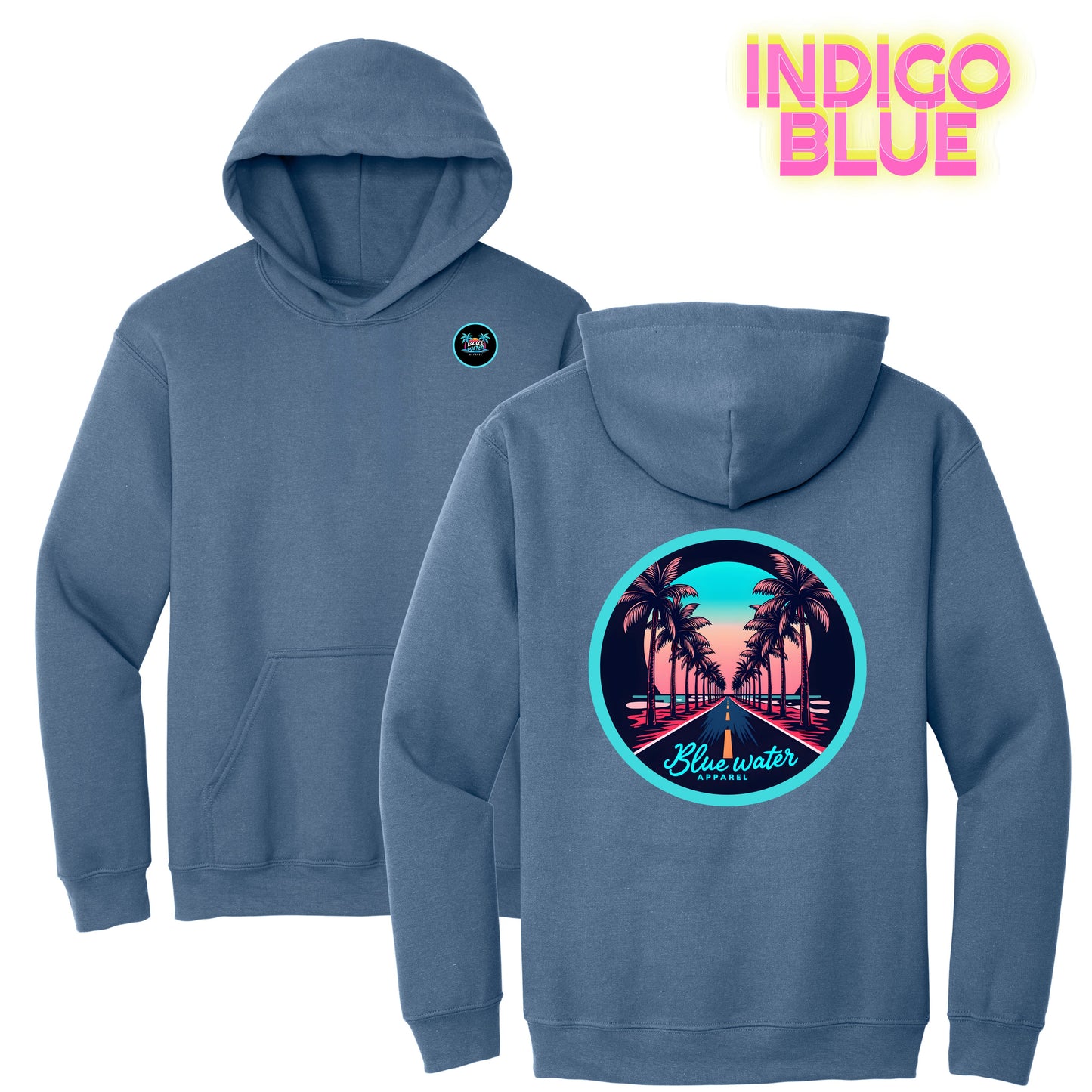flat lay indigo blue palm tree road hoodie by blue water apparel