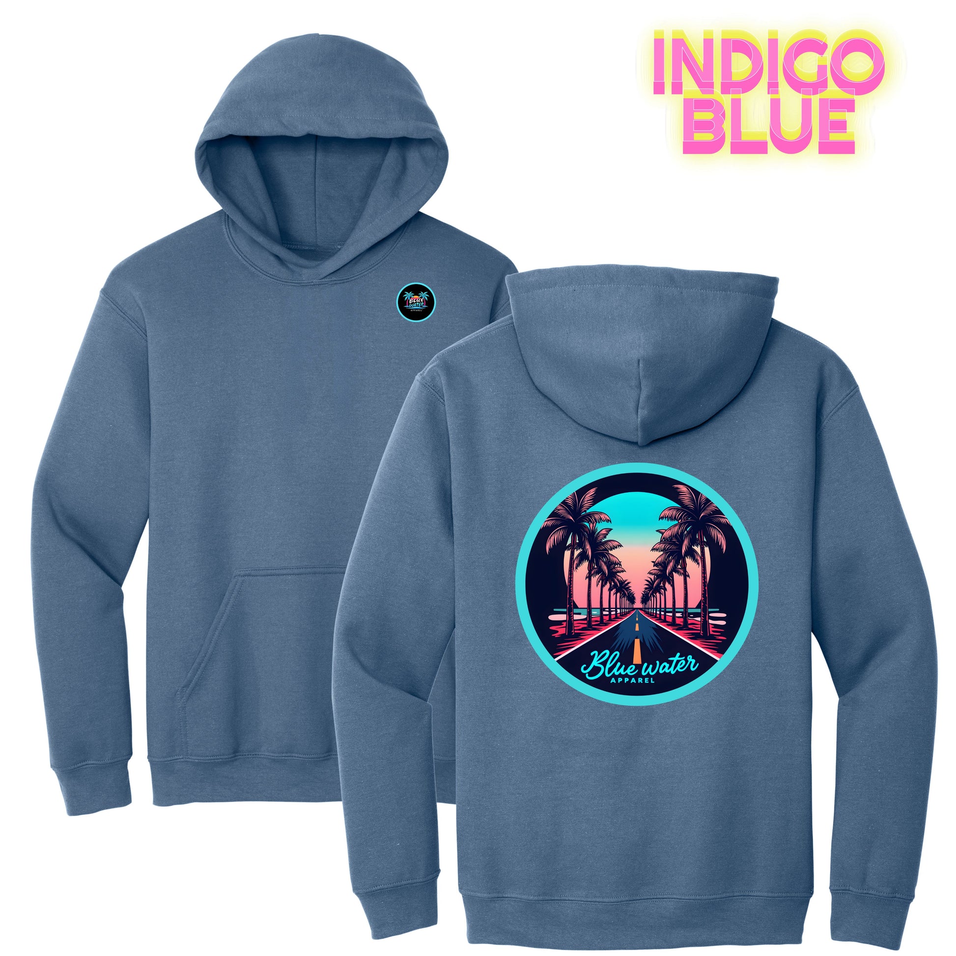 flat lay indigo blue palm tree road hoodie by blue water apparel
