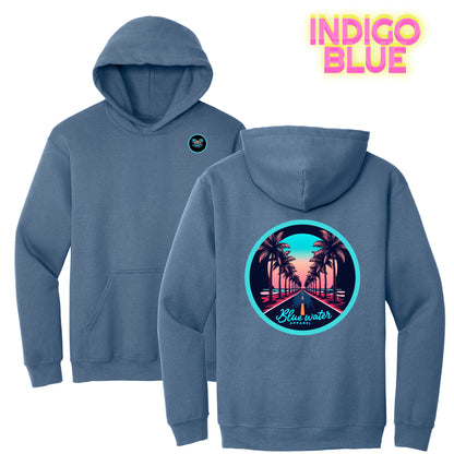 flat lay indigo blue palm tree road hoodie by blue water apparel