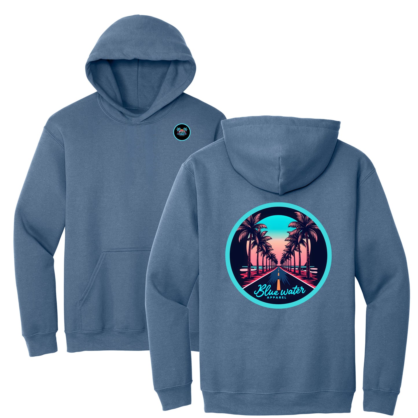 flat lay indigo blue palm tree road hoodie by blue water apparel
