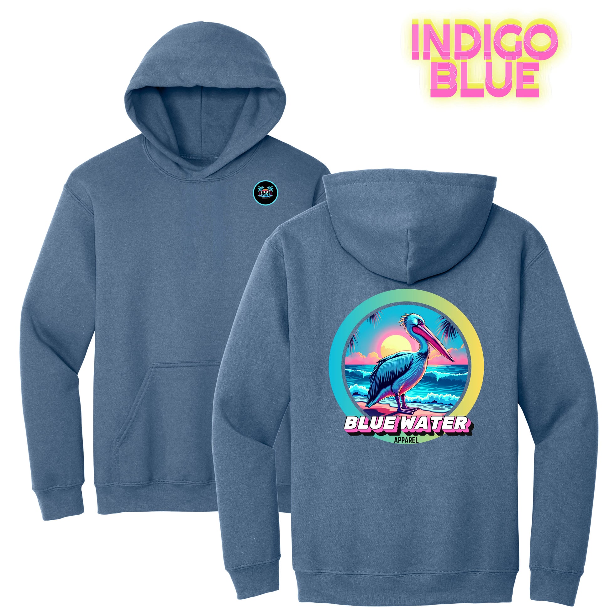 flat lay indigo blue retro pelican hoodie by blue water apparel