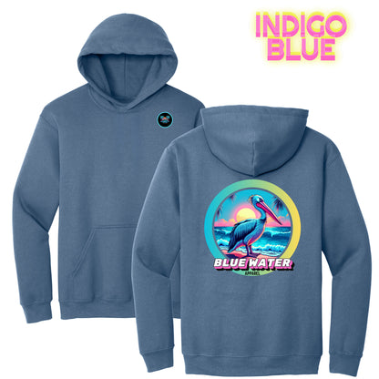 flat lay indigo blue retro pelican hoodie by blue water apparel