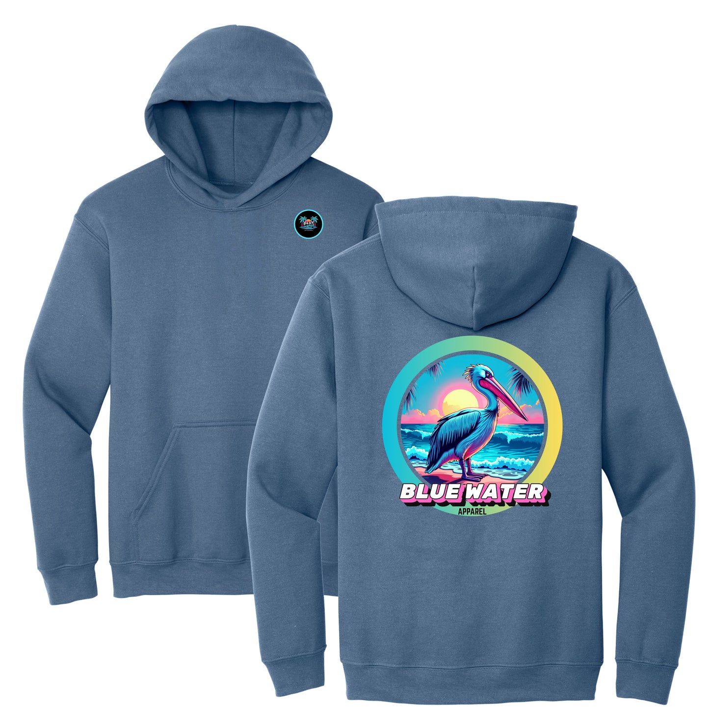 flat lay indigo blue retro pelican hoodie by blue water apparel