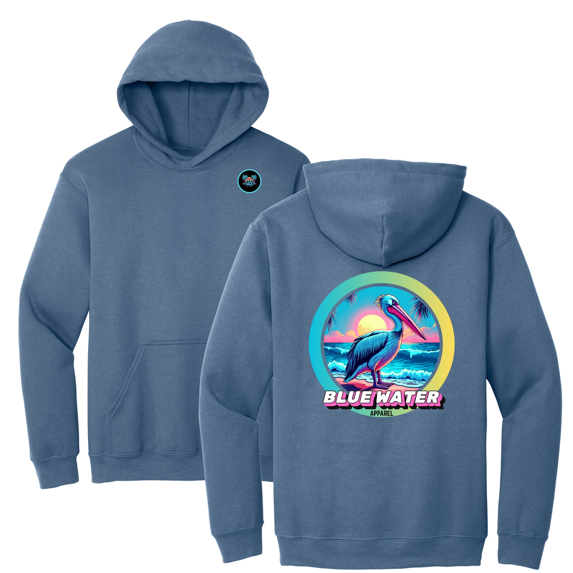 flat lay indigo blue retro pelican hoodie by blue water apparel