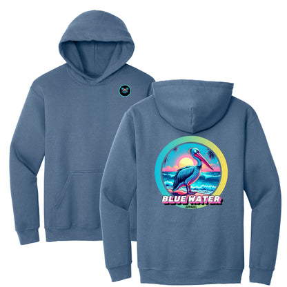 flat lay indigo blue retro pelican hoodie by blue water apparel