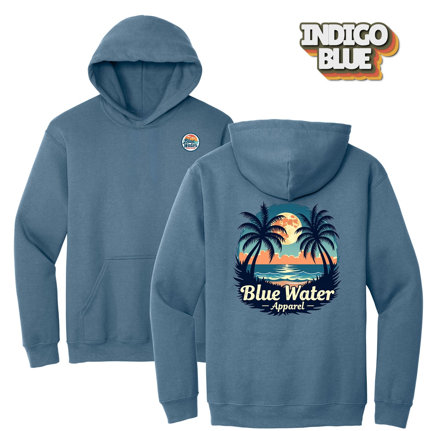 flat lay indigo blue tropical moon hoodie by blue water apparel