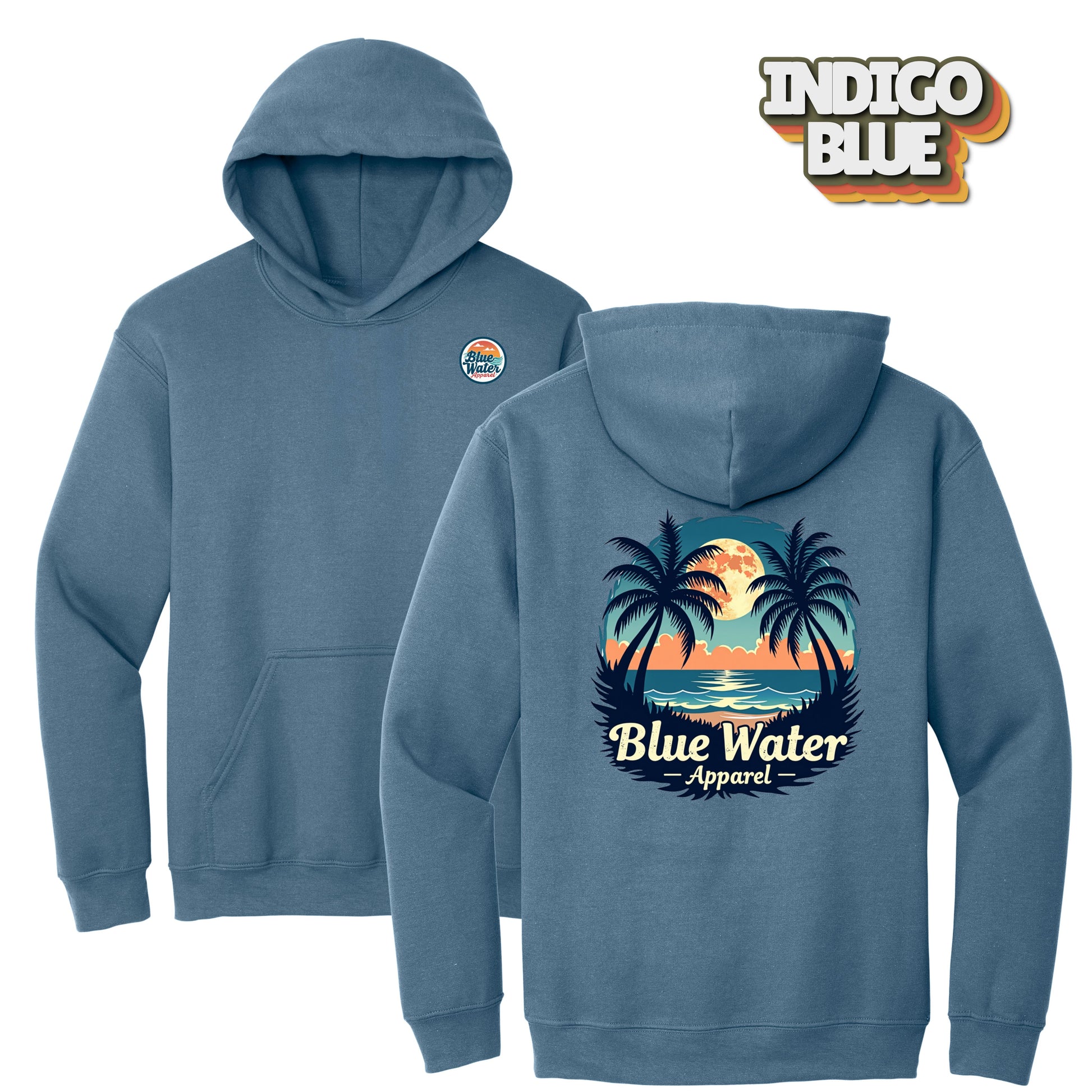 flat lay indigo blue tropical moon hoodie by blue water apparel