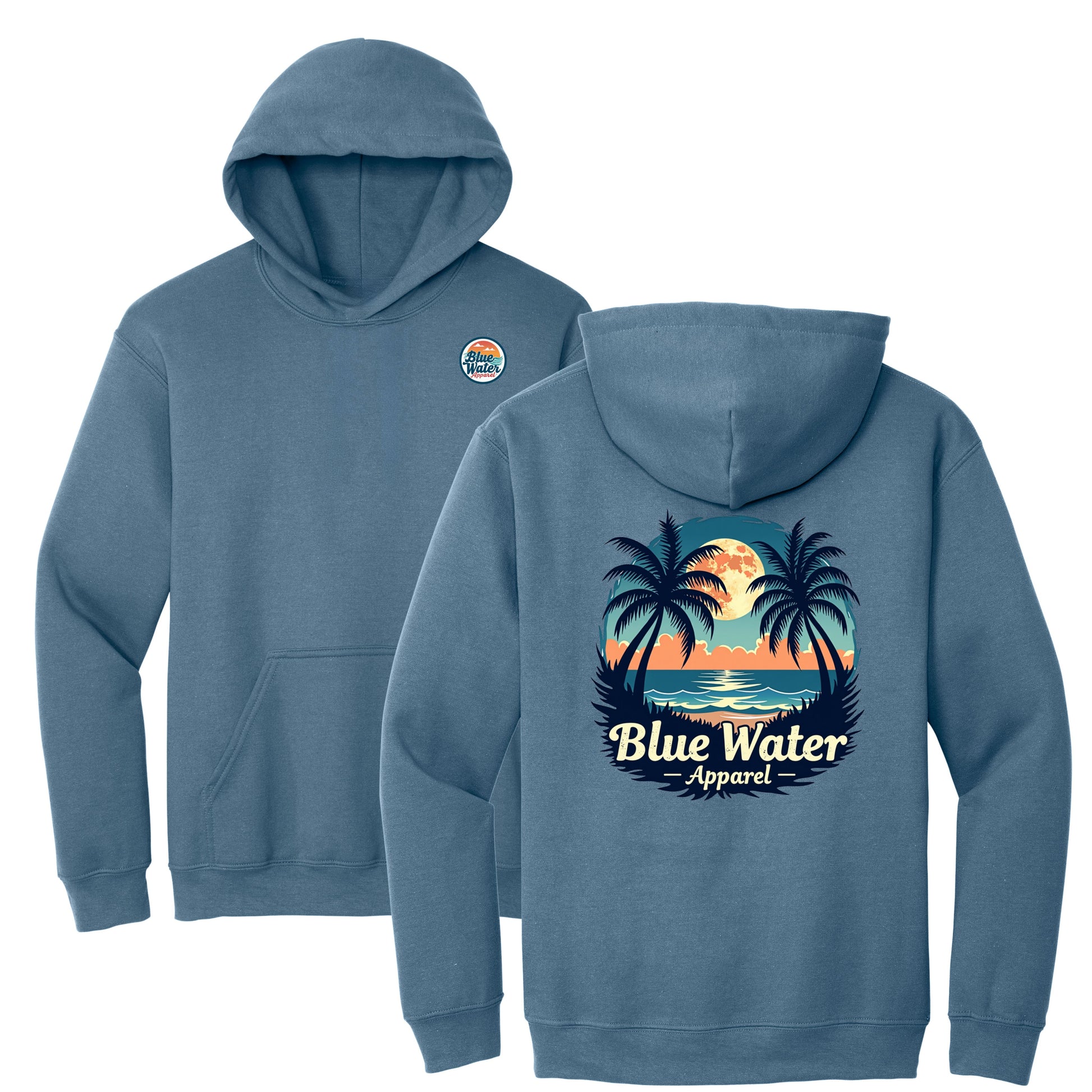 flat lay indigo blue tropical moon hoodie by blue water apparel