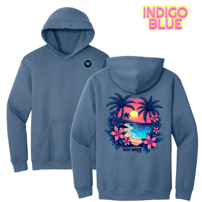 flat lay indigo blue tropical sunset hoodie by blue water apparel