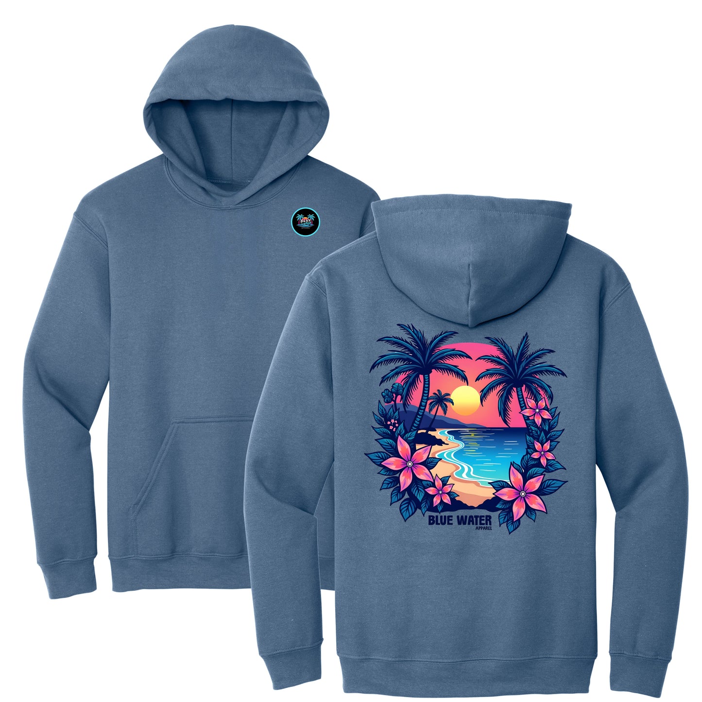 flat lay indigo blue tropical sunset hoodie by blue water apparel