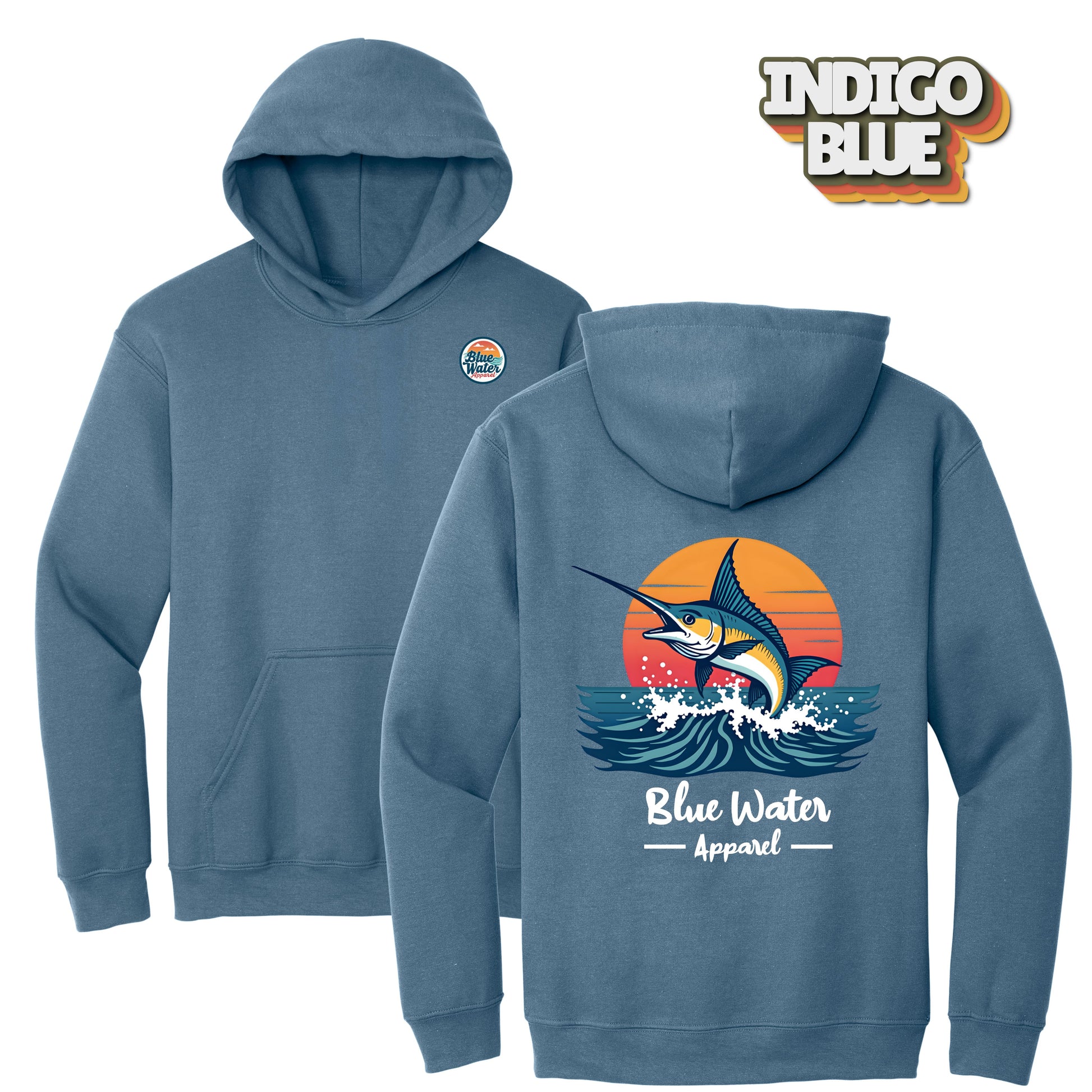 flat lay back graphic indigo blue vintage marlin hoodie by blue water apparel