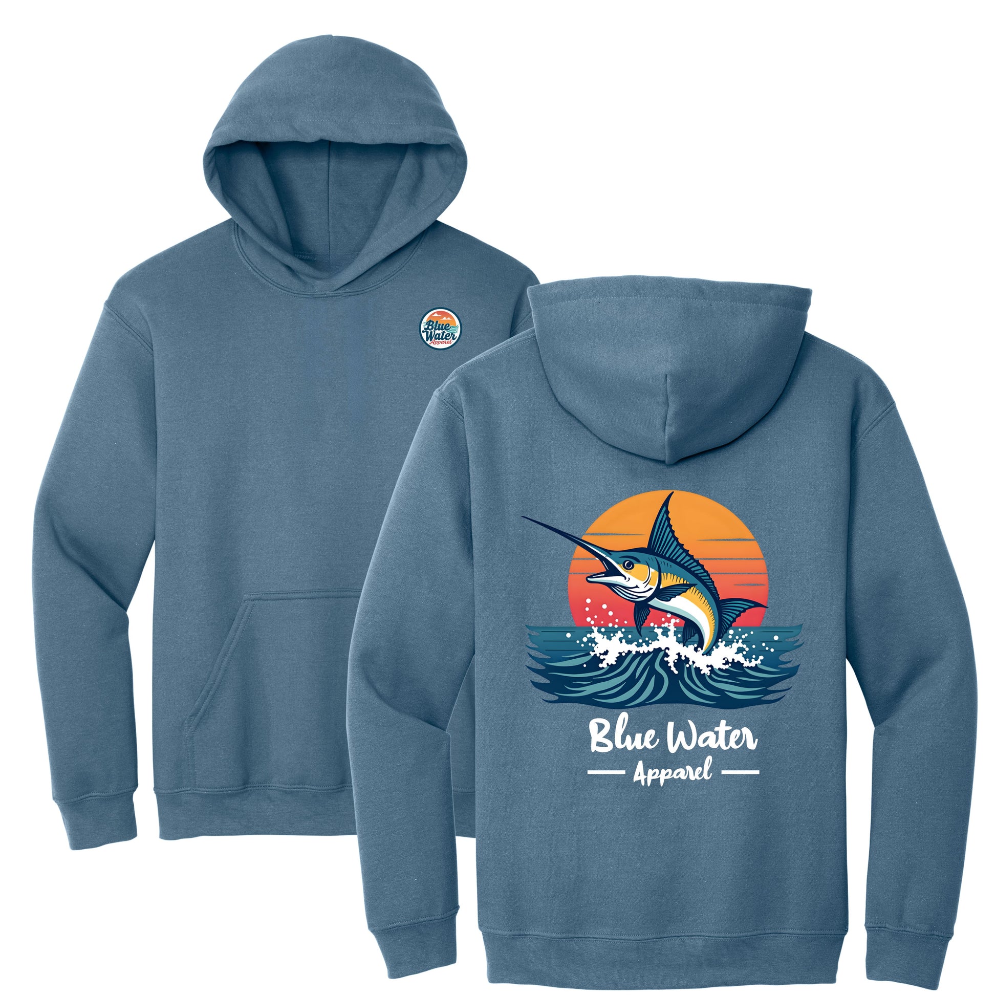 flat lay indigo blue vintage marlin hoodie by blue water apparel