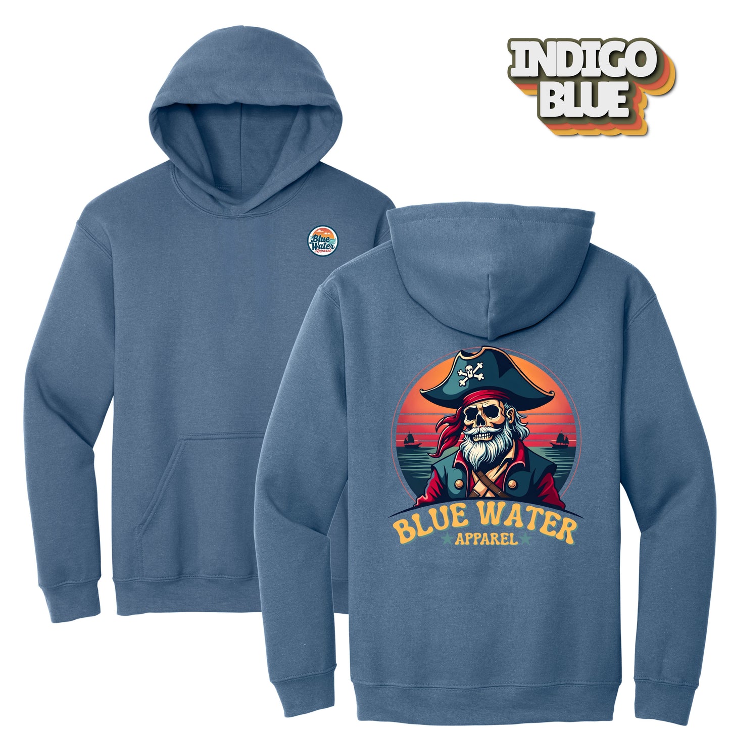 flat lay indigo blue vintage pirate hoodie by blue water apparel