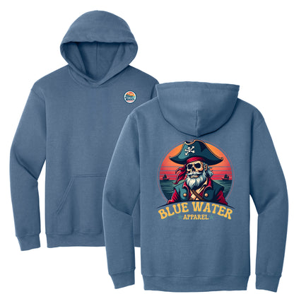 flat lay indigo blue vintage pirate hoodie by blue water apparel  
