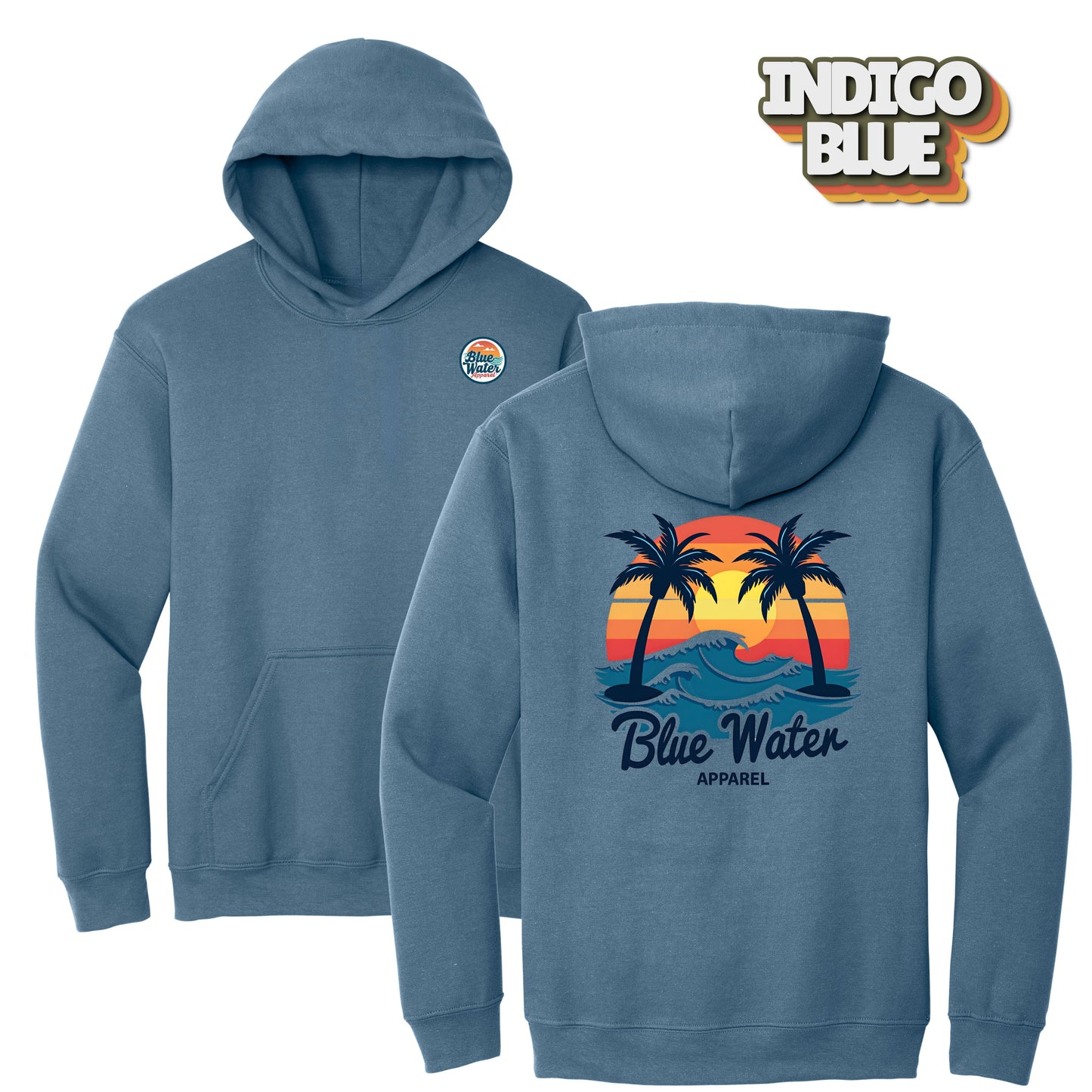 flat lay indigo blue vintage sunset hoodie by blue water apparel