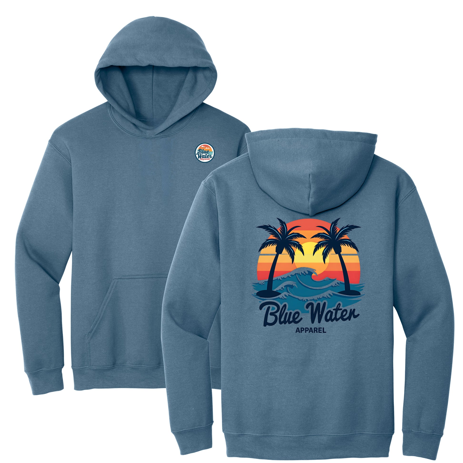 flat lay indigo blue vintage sunset hoodie by blue water apparel
