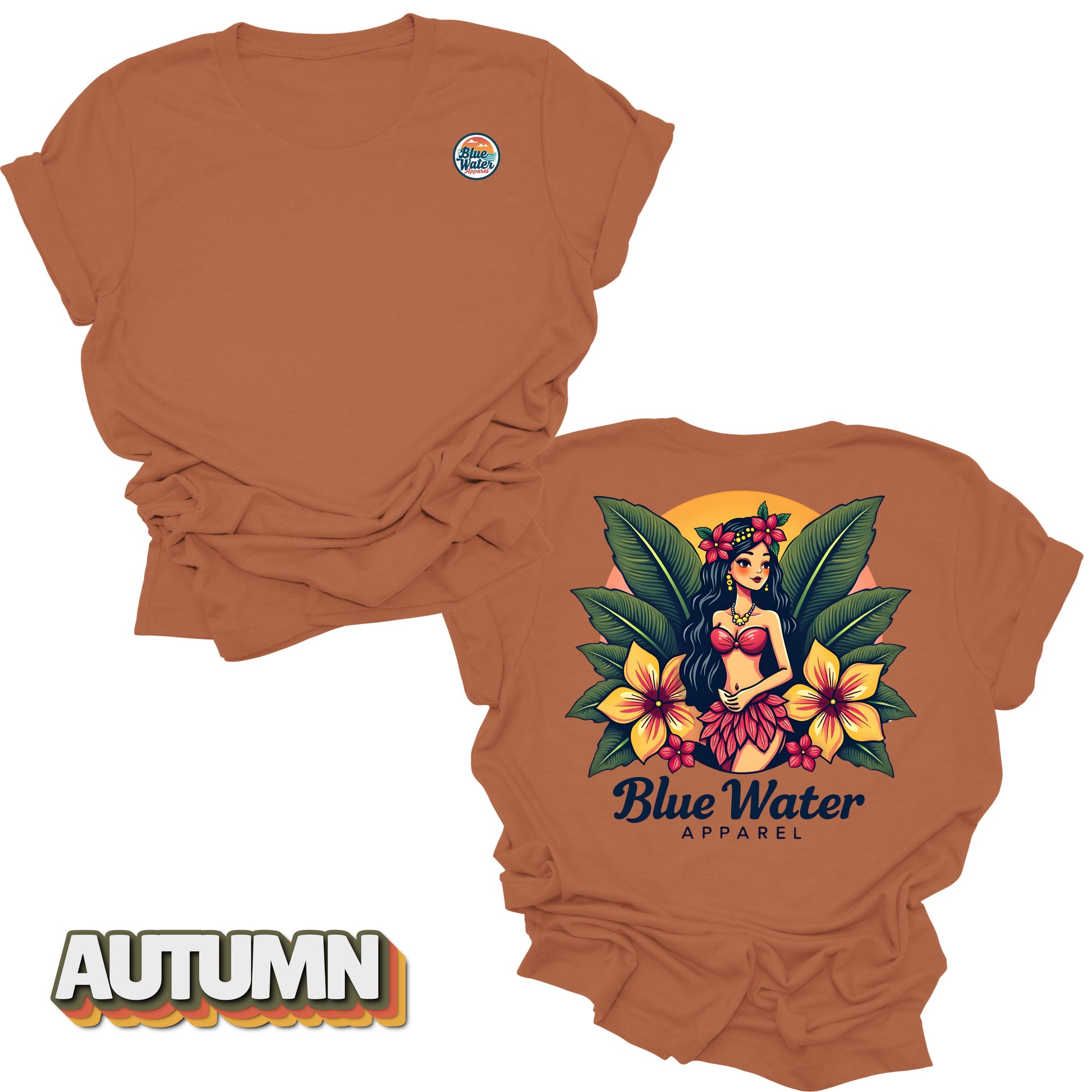 flat lay back graphic island girl autumn tee by blue water apparel