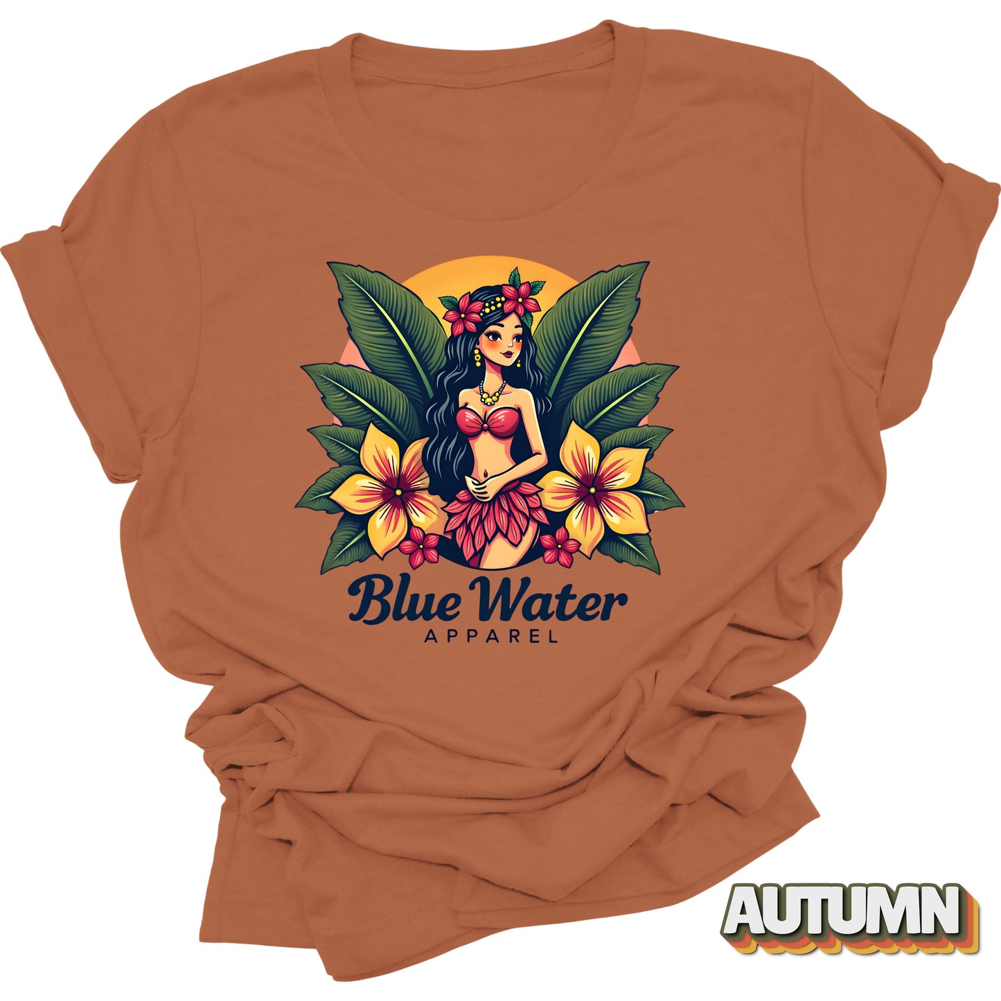 flat lay front graphic autumn island girl tee by blue water apparel