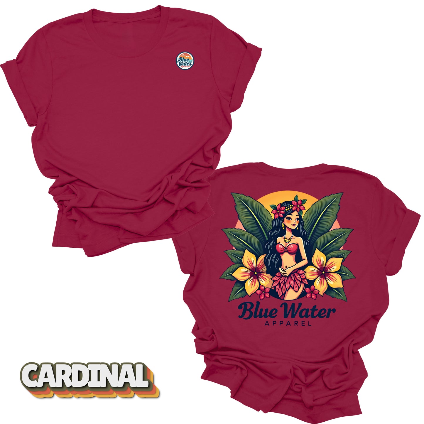 flat lay back graphic island girl cardinal tee by blue water apparel