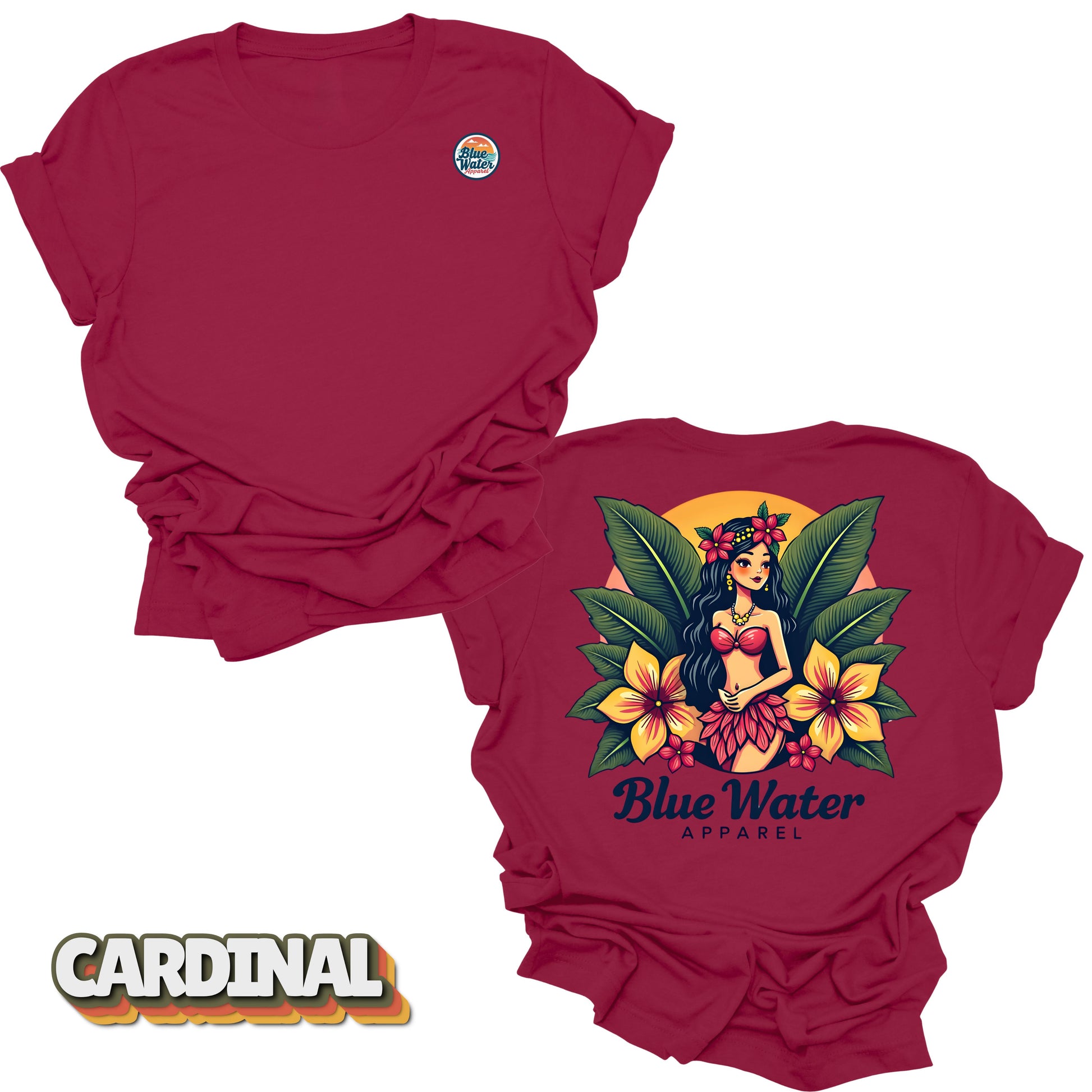 flat lay back graphic island girl cardinal tee by blue water apparel