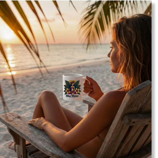 woman holding the island girl coffee mug sitting in chair on beach by blue water apparel