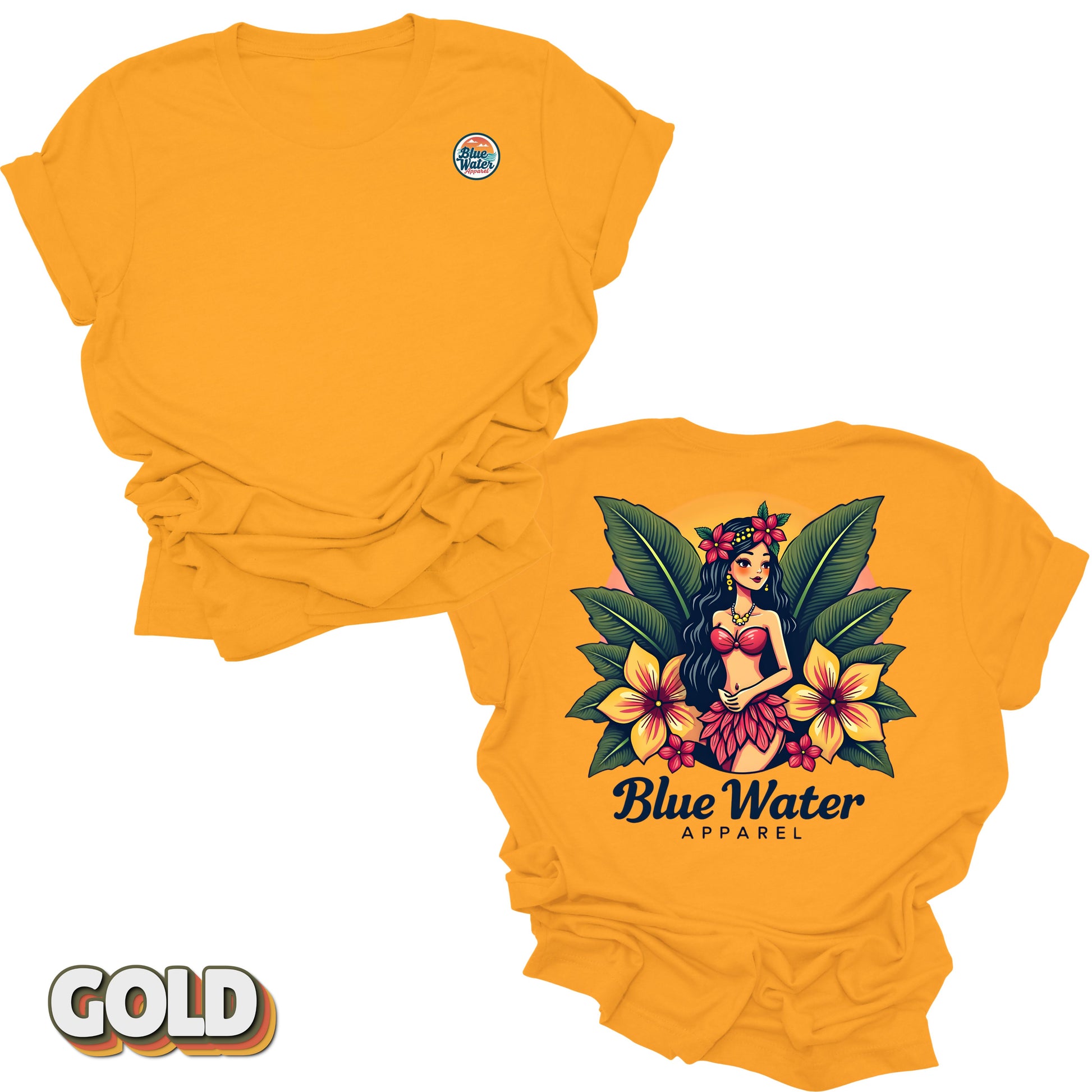 flat lay back graphic island girl gold tee by blue water apparel