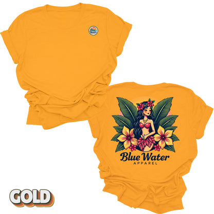 flat lay back graphic island girl gold tee by blue water apparel