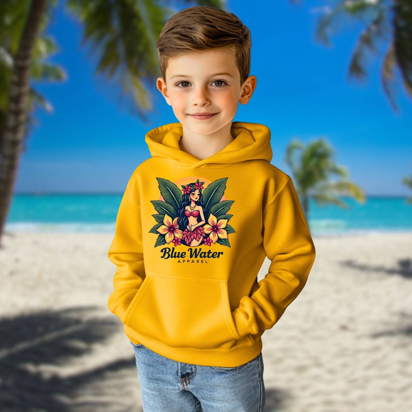 child model on beach wearing gold island girl kids hoodie by blue water apparel