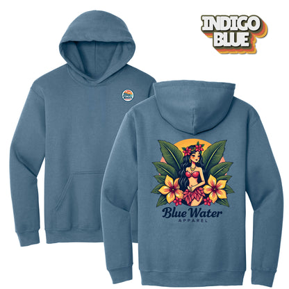 flat lay indigo blue island girl hoodie by blue water apparel