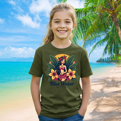female model wearing military green island girl tee by blue water apparel