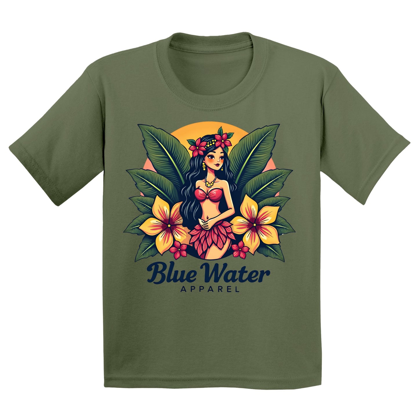 flat lay military green island girl kids tee by blue water apparel
