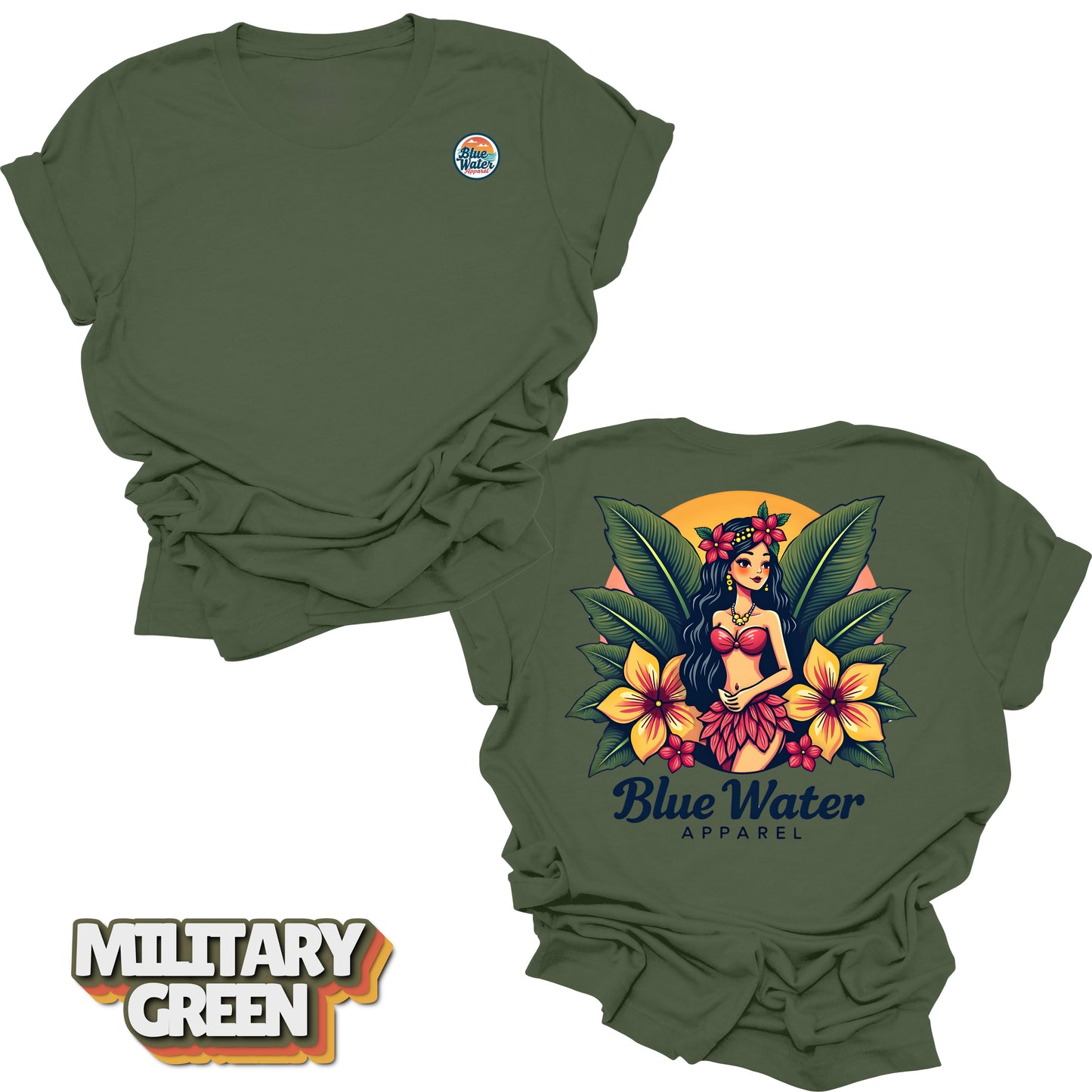 flat lay back graphic island girl military green tee by blue water apparel