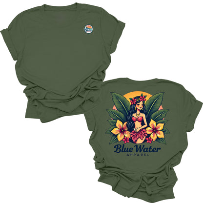 flat lay military green island girl tee by blue water apparel
