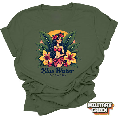 flat lay front graphic military green island girl tee by blue water apparel