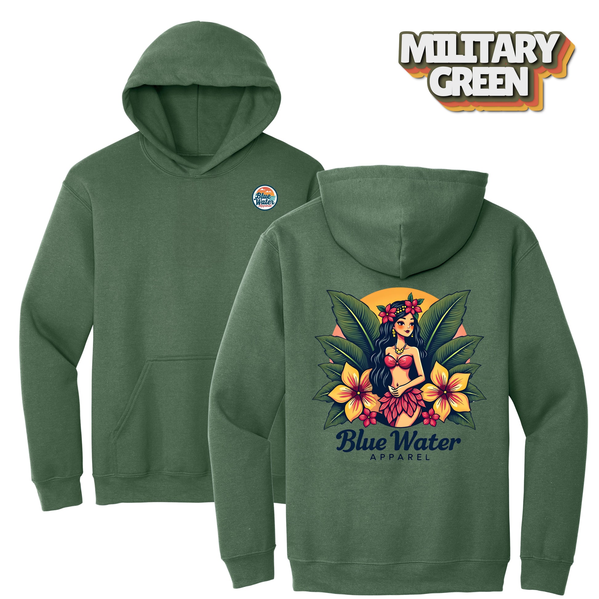 flat lay military green island girl hoodie by blue water apparel