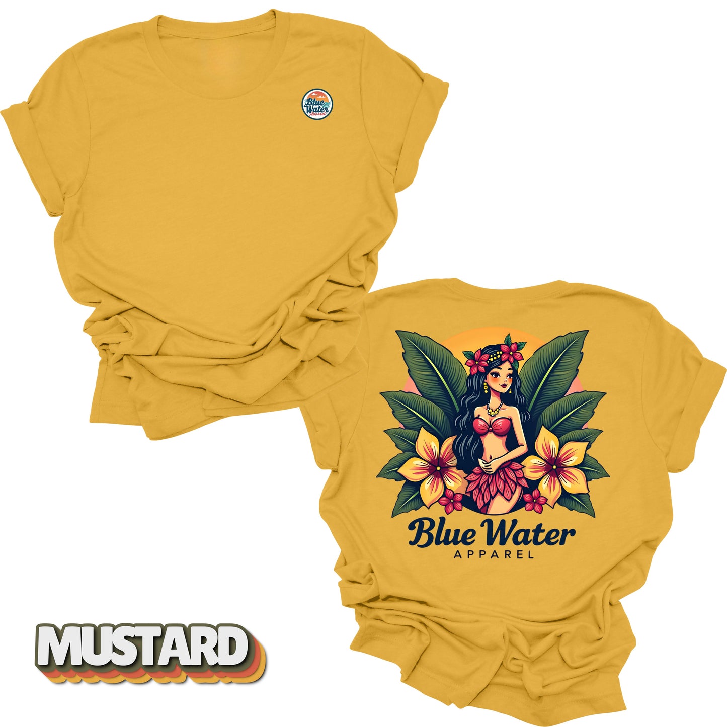 flat lay back graphic island girl mustard tee by blue water apparel