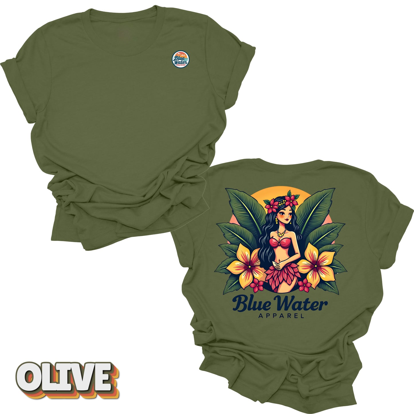 flat lay back graphic island girl olive tee by blue water apparel