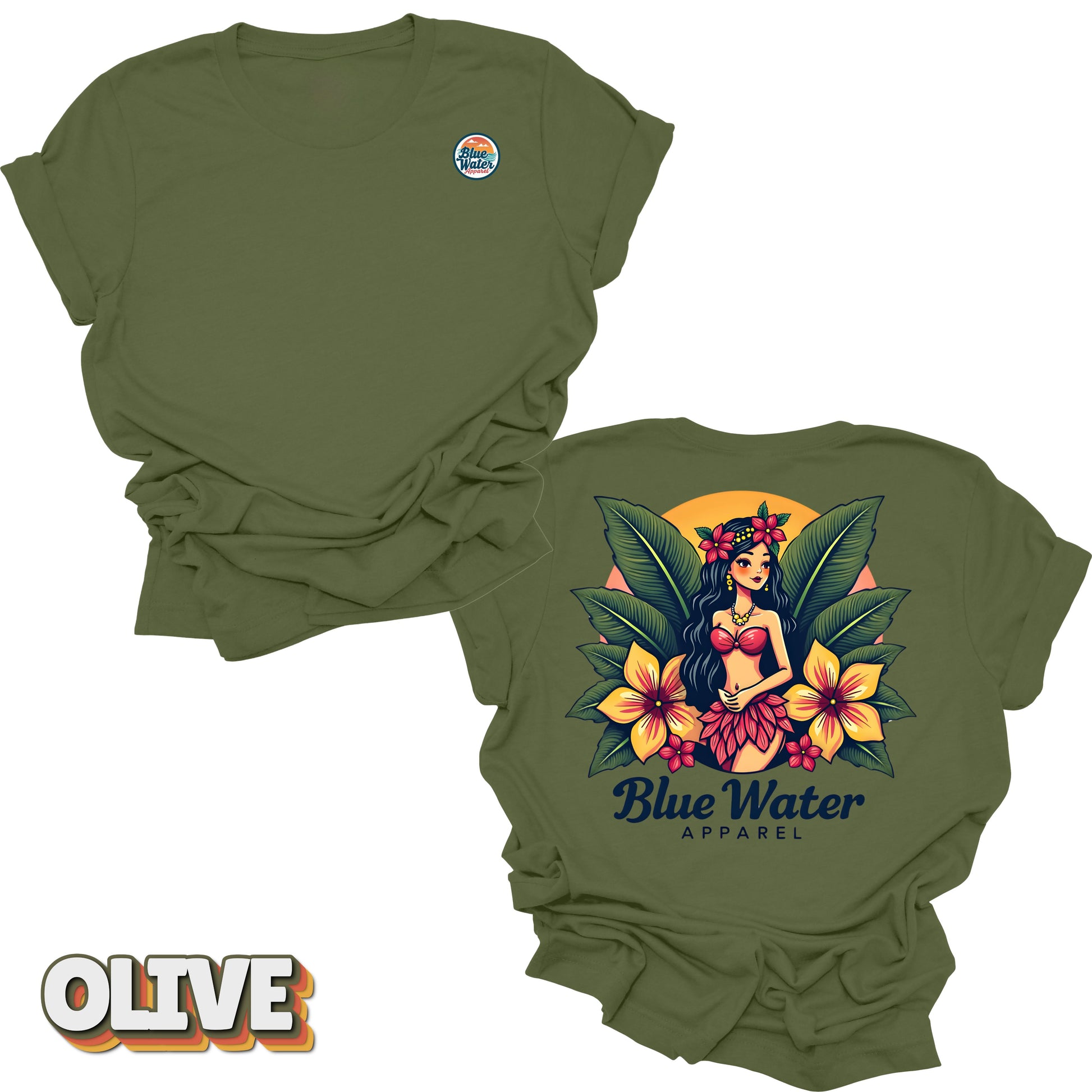 flat lay back graphic island girl olive tee by blue water apparel
