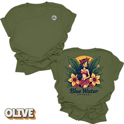 flat lay back graphic island girl olive tee by blue water apparel