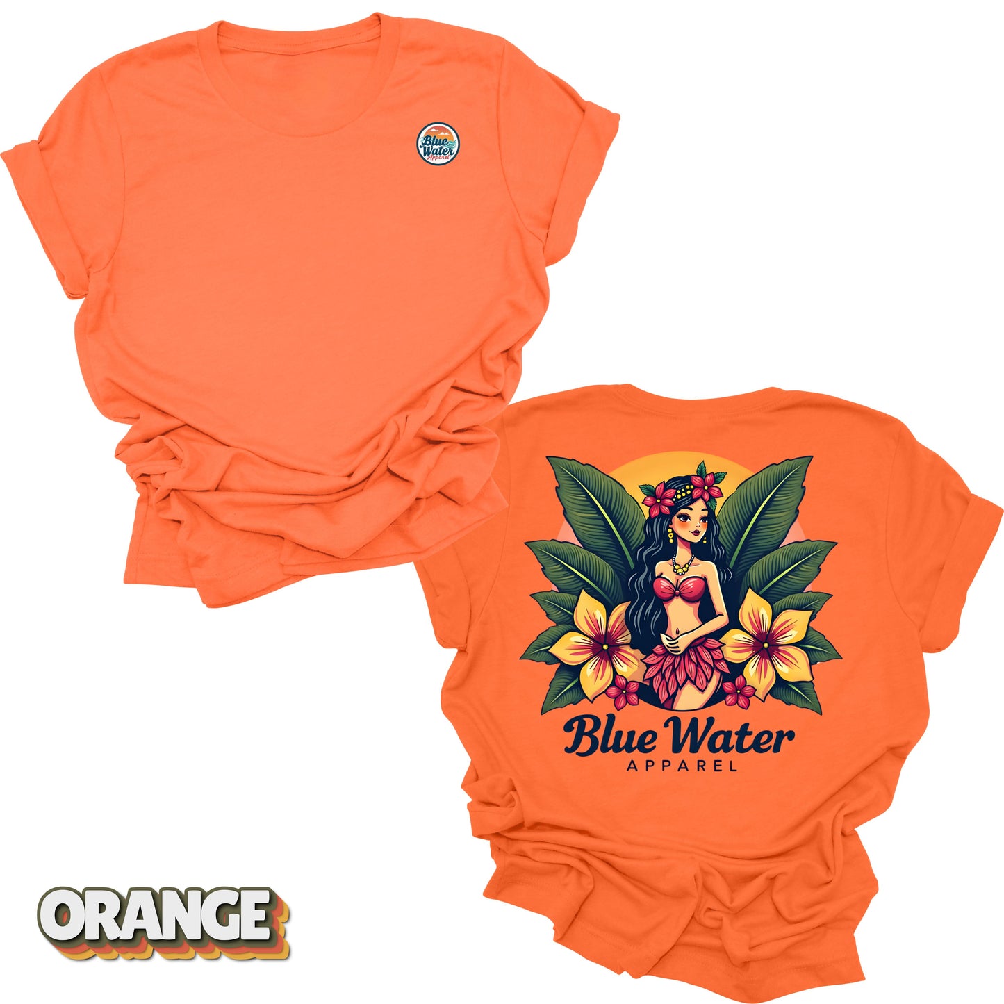 flat lay back graphic island girl orange tee by blue water apparel