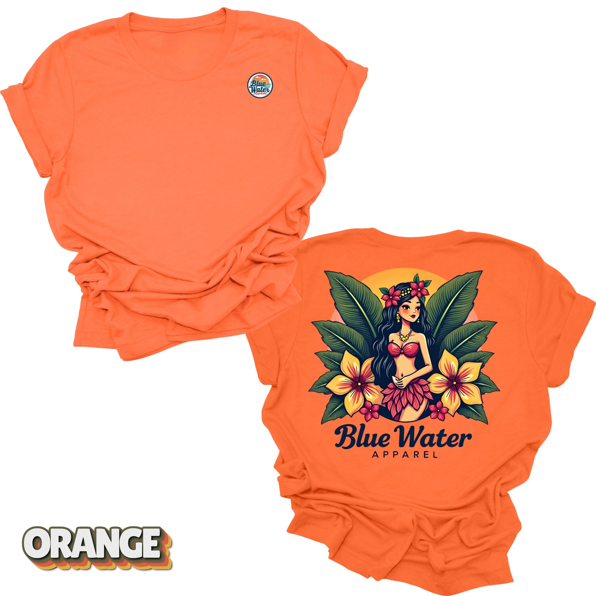 flat lay back graphic island girl orange tee by blue water apparel